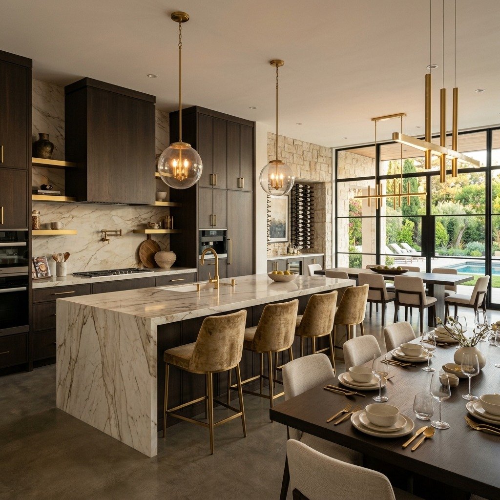 Luxurious Modern Kitchen Marble Island with Warm Lighting by RoyalBrowns